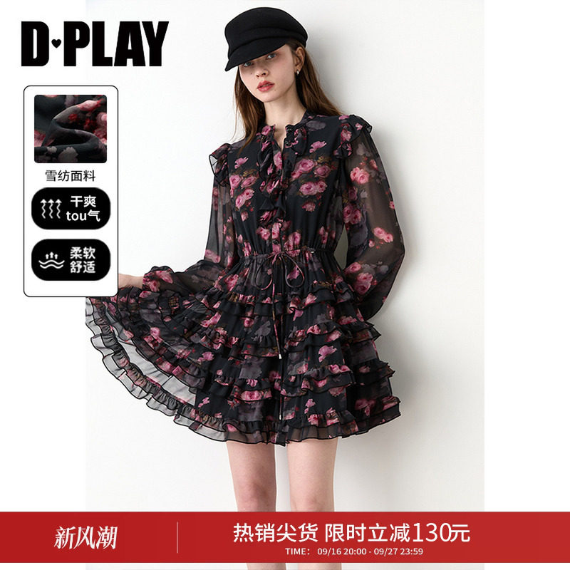 DPLAY黑色粉印花连衣裙2026秋季新款长袖雪纺收腰小个子短款裙子图片