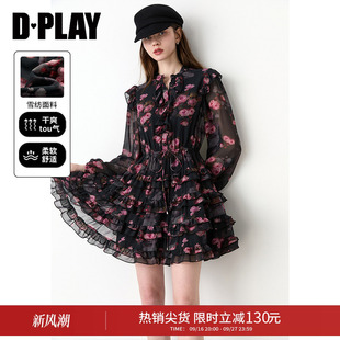 DPLAY黑色粉印花连衣裙2026秋季新款长袖雪纺收腰小个子短款裙子