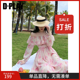 DPLAY一字肩荷叶边高腰浪漫蔷薇粉色连衣裙女印花海边度假沙滩裙