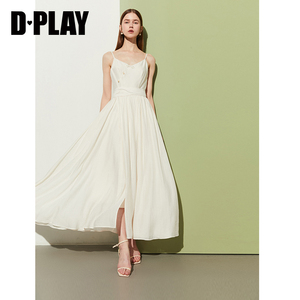 清仓DPLAY2024夏国风V领吊带抽褶腰部系带蝴蝶结大摆连衣裙女