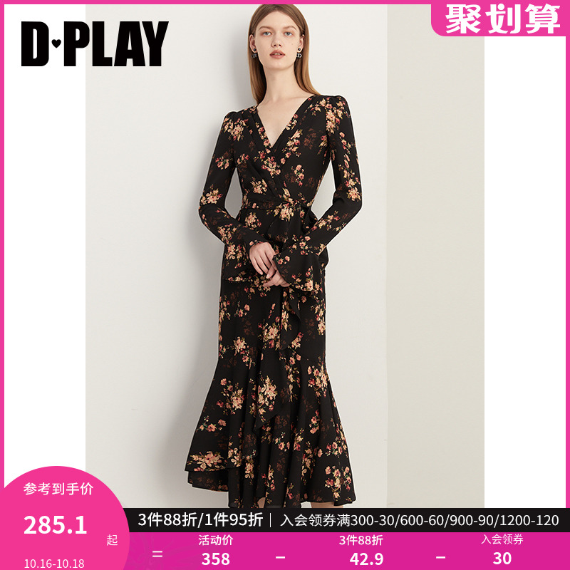 DPLAY2023秋装法式暗夜繁花茶歇裙V领泡泡喇叭袖连衣裙印花裙