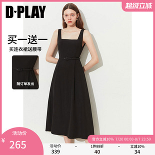 复古方领腰带收腰连衣裙赫本风无袖 DPLAY夏新法式 大摆小黑裙