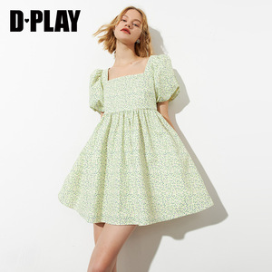DPLAY夏季新薄荷绿复古方领碎花裙收腰显瘦连衣裙