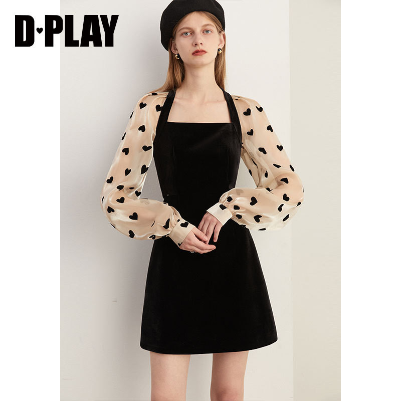 DPLAY新法式复古美背杏底黑爱心丝绒连衣裙小黑裙宴会礼服裙