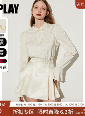 DPLAY2025年秋季新中式白色衬衫立领缎面衬衣国风长袖女士上衣女