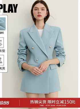 DPLAY蓝色翻领双排扣西装女2026年春季新款收腰通勤时尚气质外套