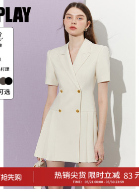 DPLAY夏季新款白色西装连衣裙女短袖西装裙百褶裙气质裙子