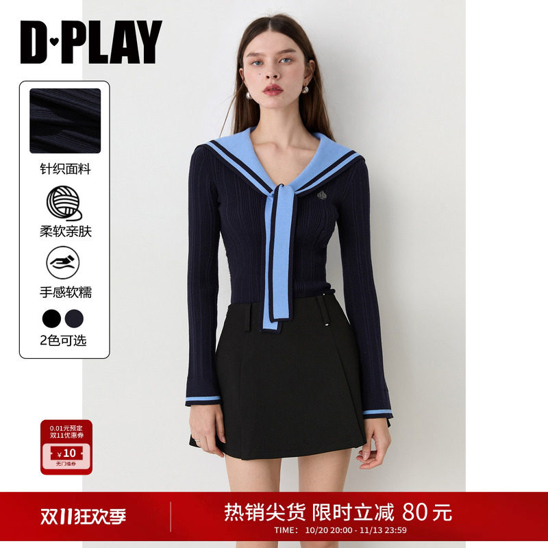 DPLAY蓝色海军领针织衫女2026冬季新款学院风绑带修身长袖女上衣
