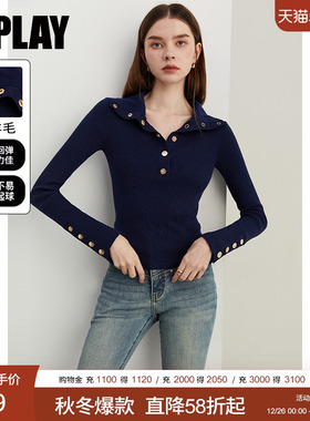 DPLAY2025秋季新款气质慵懒风深蓝色针织衫含羊毛毛衣洋气上衣女