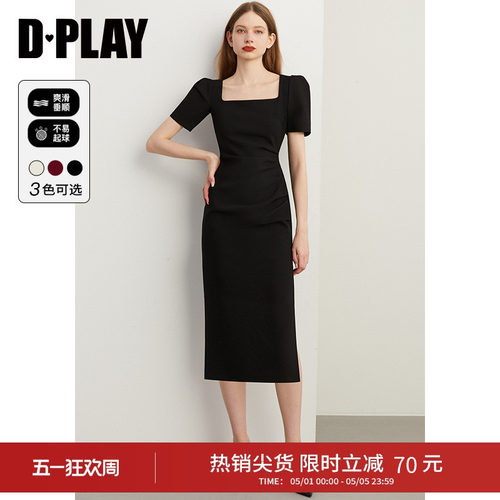 DPLAY法式方领连衣裙显瘦小黑裙