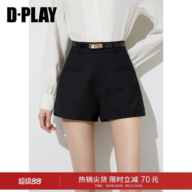 DPLAY2026年夏季新款黑色短裤美式复古时尚直筒裤女时髦气质裤子图片