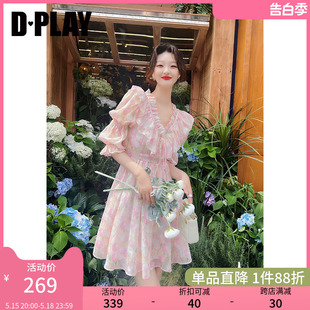 DPLAY2024夏季 粉色连衣裙复古郁金香纯欲风短裙印花沙滩裙