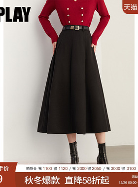 DPLAY【惠品】2025年秋季黑色A字裙毛呢半身裙高腰显瘦伞裙半裙女