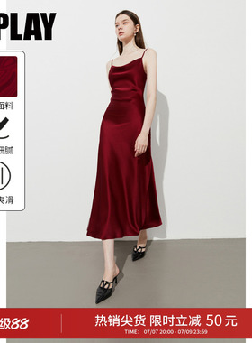 DPLAY红色缎面裙吊带连衣裙荡领长裙礼服裙光泽感长裙鱼尾裙
