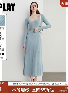 DPLAY【惠品】2025年秋季新款方领法式蓝色连衣裙女修身针织裙子