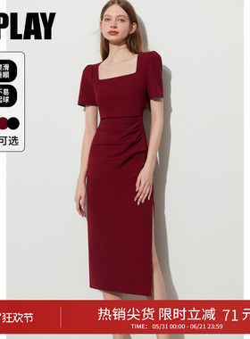 DPLAY夏季方领红色连衣裙气质复古红裙短袖女回门服礼服订婚长裙