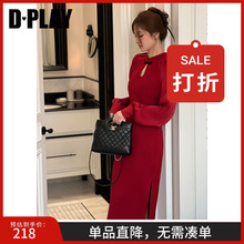 DPLAY女装新中式改良旗袍红色盘扣连衣裙回门服国风长袖裙子女