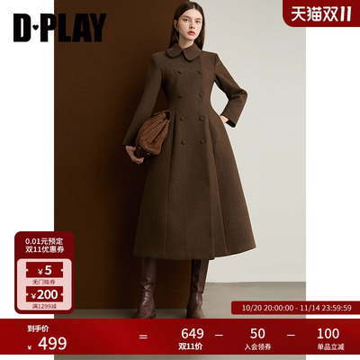 DPLAY【惠品】2025年冬季新款焦糖色单面呢大衣含羊毛双排扣外套