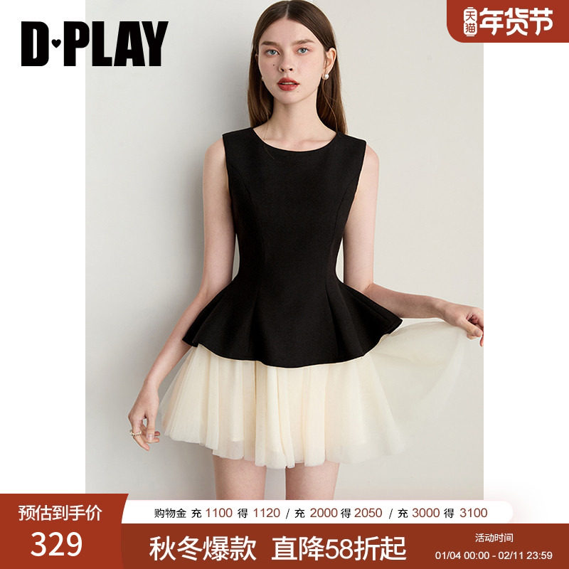 DPLAY2025年秋季新款黑色撞色连衣裙女圆领无袖收腰A字短裙裙子
