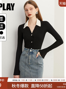 DPLAY2025秋季气质法式黑色针织上衣修身撞色翻领针织衫毛衫女