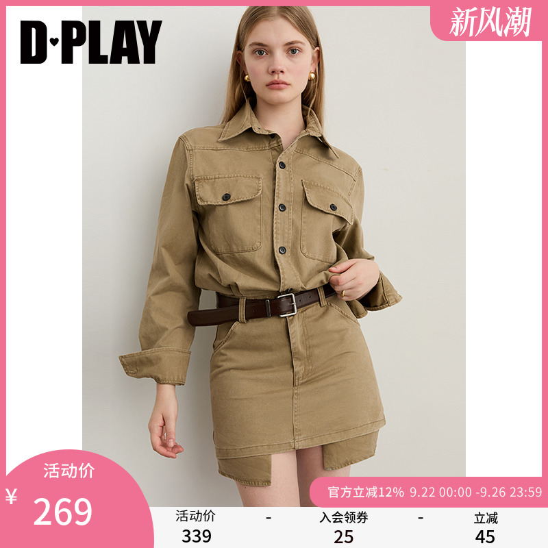 DPLAY2025年秋季新款卡其色连衣裙女短款复古宽松牛仔裙子短裙