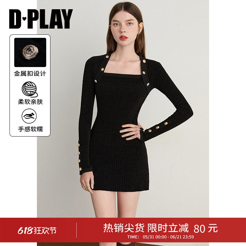 DPLAY冬季新款黑色针织连衣裙女方领收腰短裙修身短款裙子