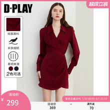 DPLAY2025秋季新款气质红色连衣裙女收腰复古短款衬衫小红裙长袖