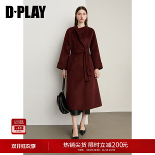 DPLAY冬季新款焦糖色双面呢大衣女含羊绒系带气质高级外套