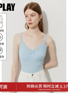 DPLAY【惠品】夏季新款蓝色吊带背心女一体胸垫法式蕾丝上衣