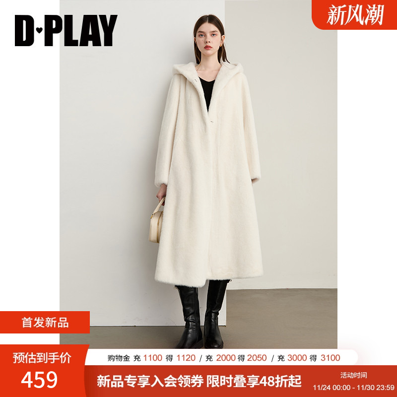 DPLAY2025年冬季新款白色仿皮草外套女连帽纯色简约通勤百搭大衣