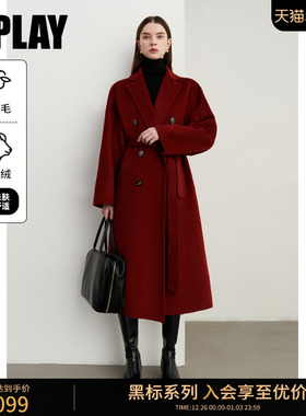 DPLAY【黑标】2025年冬季休闲红色100绵羊毛大衣长款毛呢外套