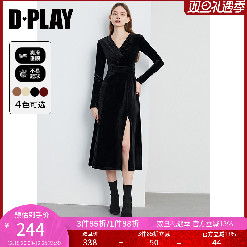 DPLAY2023年冬法式风V领长袖名媛气质丝绒礼服裙小黑裙连衣裙