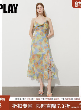 DPLAY2025年夏季新款绿色印花荡领吊带裙女露背荷叶边优雅连衣裙