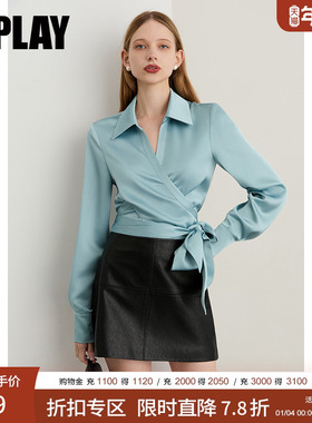 DPLAY【时髦精英系列】2025秋季新款蓝色衬衫女收腰缎面衬衣上衣