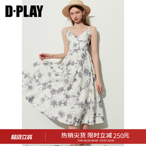 DPLAY新款夏度假灰调藤蔓花卉吊带抽褶大摆印花连衣裙女沙滩裙