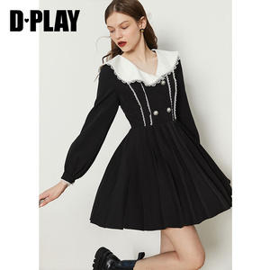 DPLAY德帕拉春款法式气质双排扣百褶显瘦减龄连衣裙