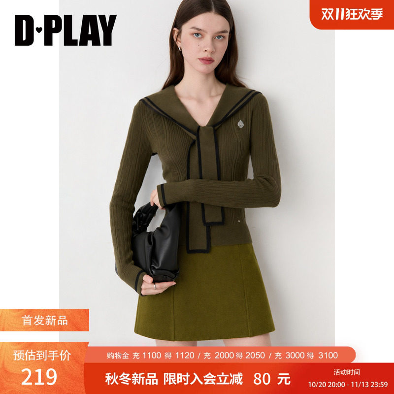 DPLAY绿色海军领针织衫女学院风绑带修身长袖女上衣2026冬季新款