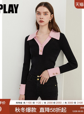 DPLAY2025秋季法式黑色拼粉色针织衫高级感内搭打底衫毛衣上衣女