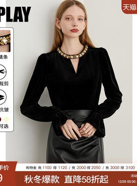 DPLAY【轻奢闪钻系列】2025秋冬黑色衬衫女闪钻圆领丝绒上衣