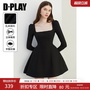 DPLAY2025年秋季新款气质法式黑色连衣裙女收腰长袖裙子小黑裙