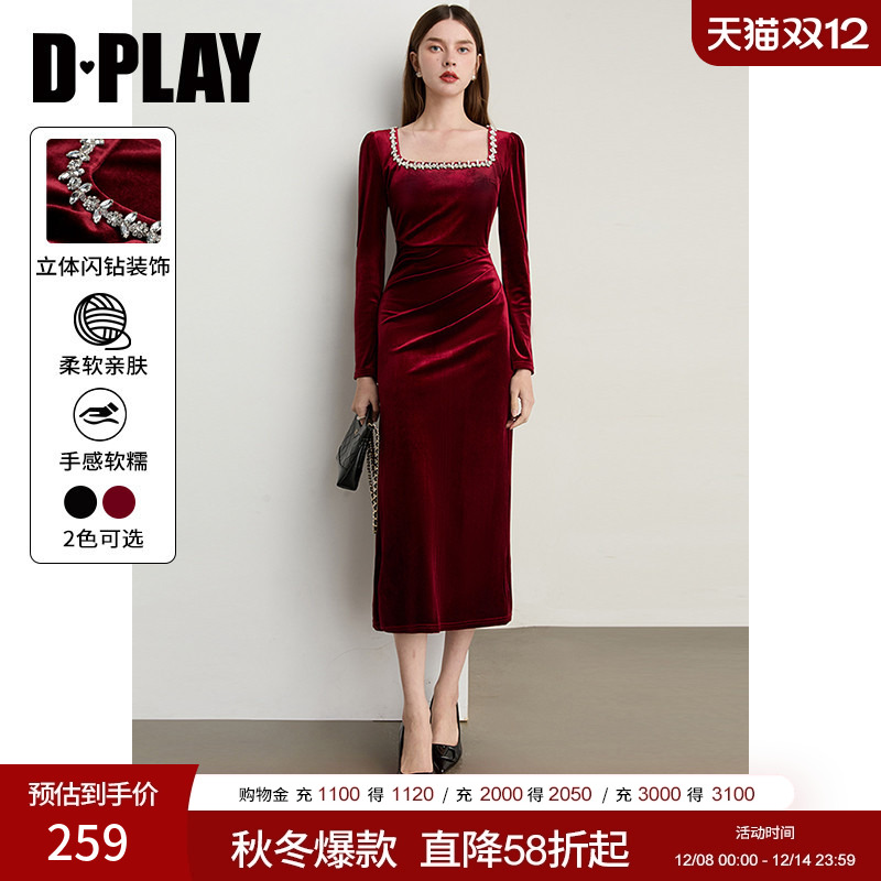 DPLAY方领红色丝绒连衣裙