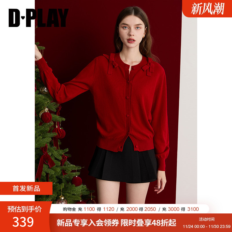 DPLAY2025年冬季新款红色圆领蝴蝶结毛衣100绵羊毛针织衫女