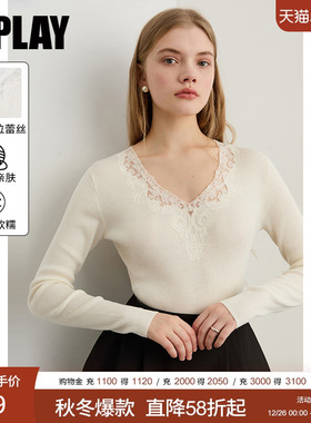 DPLAY2025年秋季新款白色针织衫女蕾丝拼接上衣正肩修身打底衫