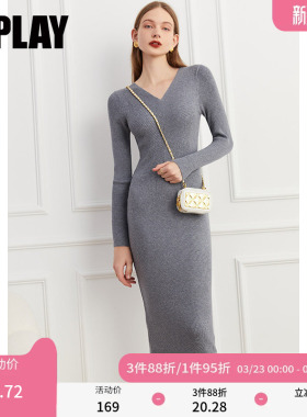 DPLAY【惠品】秋装季新品通勤ol时尚灰色V领修身螺纹针织连衣裙