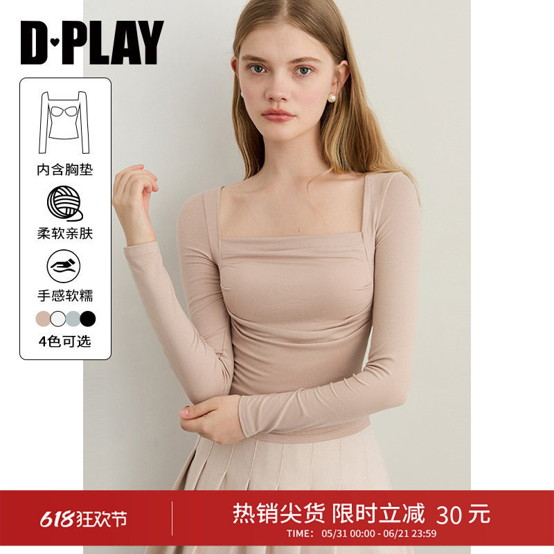DPLAY【惠品】秋杏色t恤女时尚甜辣长袖上衣修身打底衫