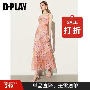 DPLAY夏法式 晕染橘色连衣裙女碎花气质雪纺吊带度假印花沙滩裙