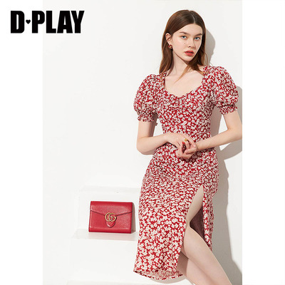 DPLAY帕拉新款红色复古法式碎花