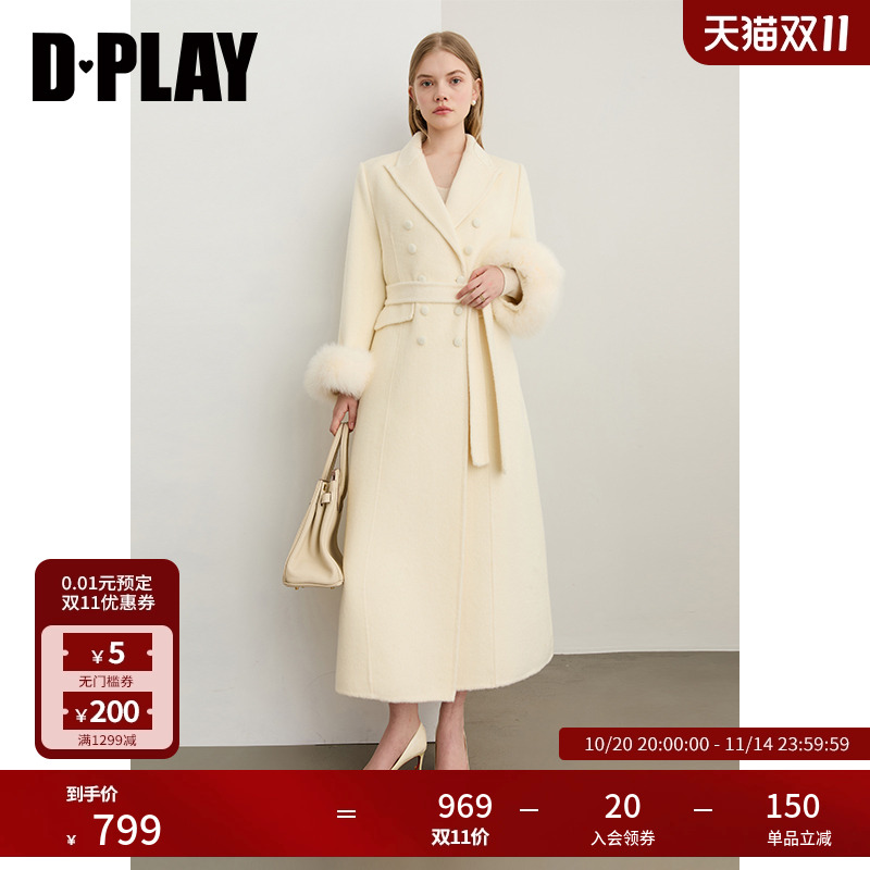 DPLAY2025年冬季新款白色含羊毛毛呢外套长款翻领双面呢子大衣女
