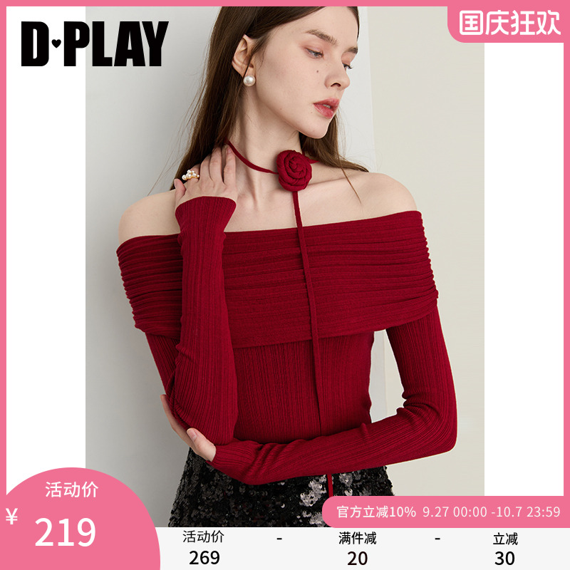 DPLAY2025年秋季新款红色针织衫女一字肩露肩长袖上衣修身打底衫