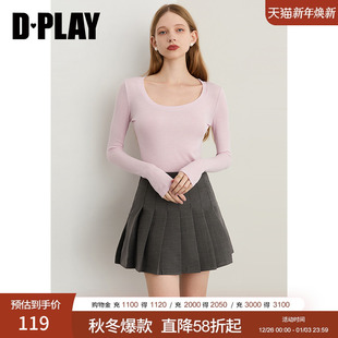 打底衫 DPLAY2025年秋季 上衣洋气修身 粉色t恤女含羊毛长袖 新款